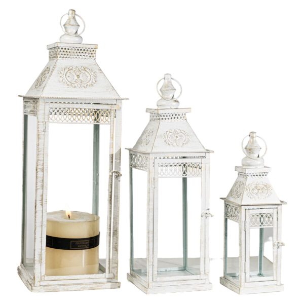 Lantern set Romimex White Metal Glass 23 x 68 x 23 cm 3 Pieces For Discount