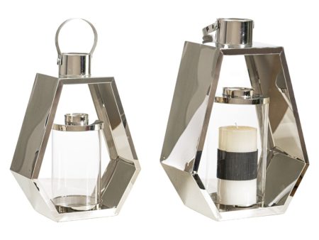 Lantern set Romimex Silver Metal Glass 24 x 34 x 13 cm 2 Pieces Online now