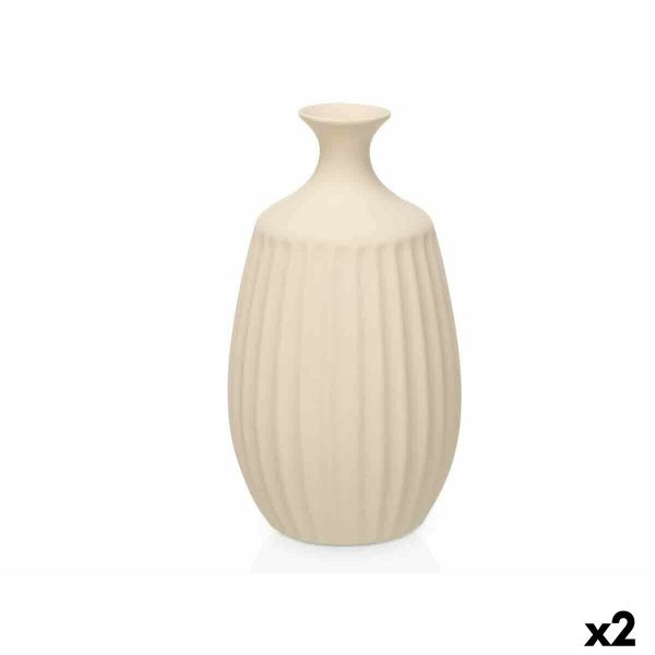 Vase Beige Ceramic 21 x 39 x 21 cm (2 Units) Stripes For Sale