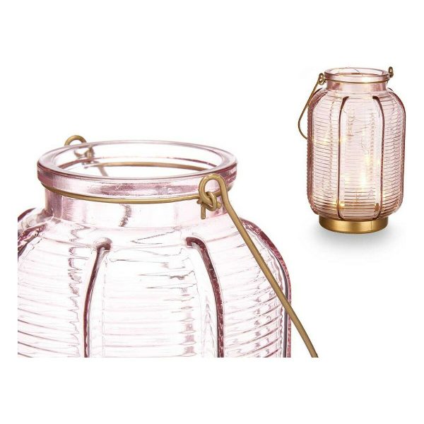 LED Lantern Stripes Pink Golden Glass (13,5 x 22 x 13,5 cm) For Discount