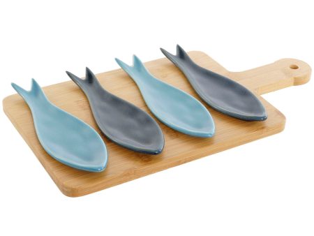 Appetizer Set Home ESPRIT Blue Green Navy Blue Bamboo Porcelain Mediterranean Fish 36 x 18 x 1,3 cm 5 Pieces Supply