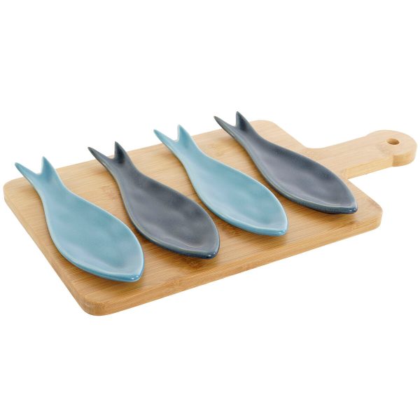 Appetizer Set Home ESPRIT Blue Green Navy Blue Bamboo Porcelain Mediterranean Fish 36 x 18 x 1,3 cm 5 Pieces Supply